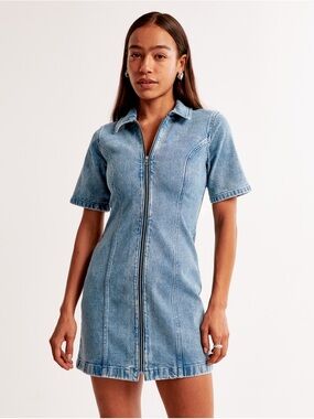 NWT Abercrombie & Fitch Denim Zip Front Mini Dress XXL Light Wash